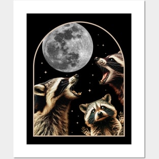 Three Racoons Howling At Moon - Funny Raccoon Cursed Meme Posters and Art